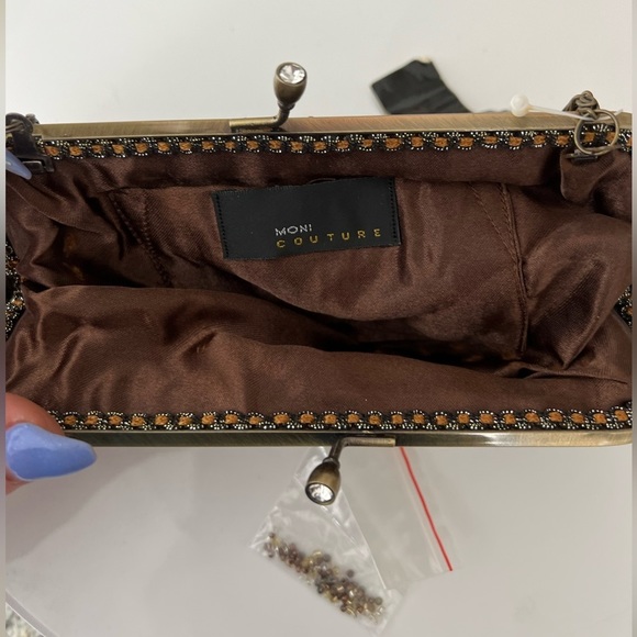 NWT MONI Couture Beaded Olive Green Amber Brown Formal Clutch With Bronze Accent - Picture 8 of 15